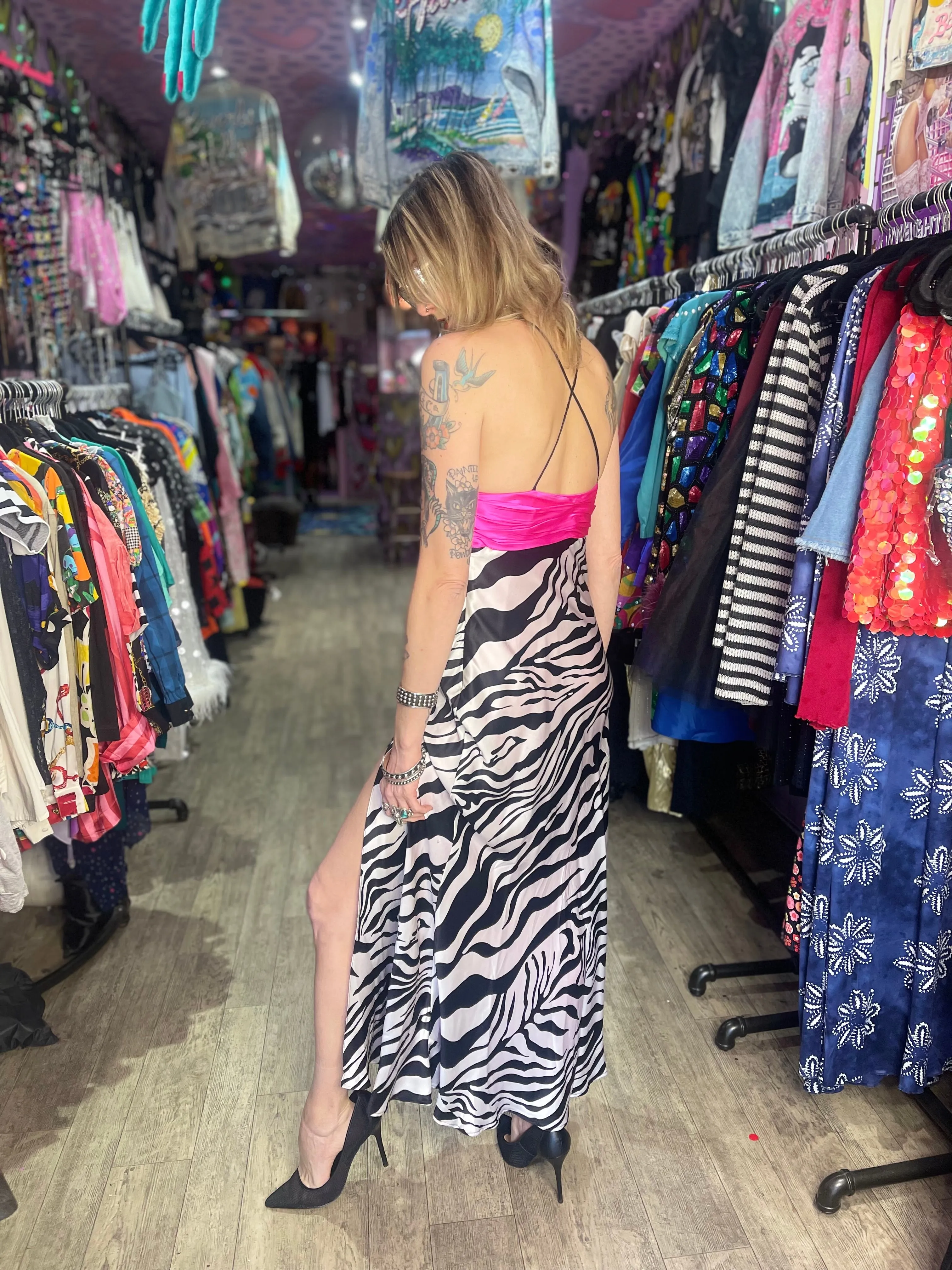 Vintage Y2K Zebra Maxi Prom Dress