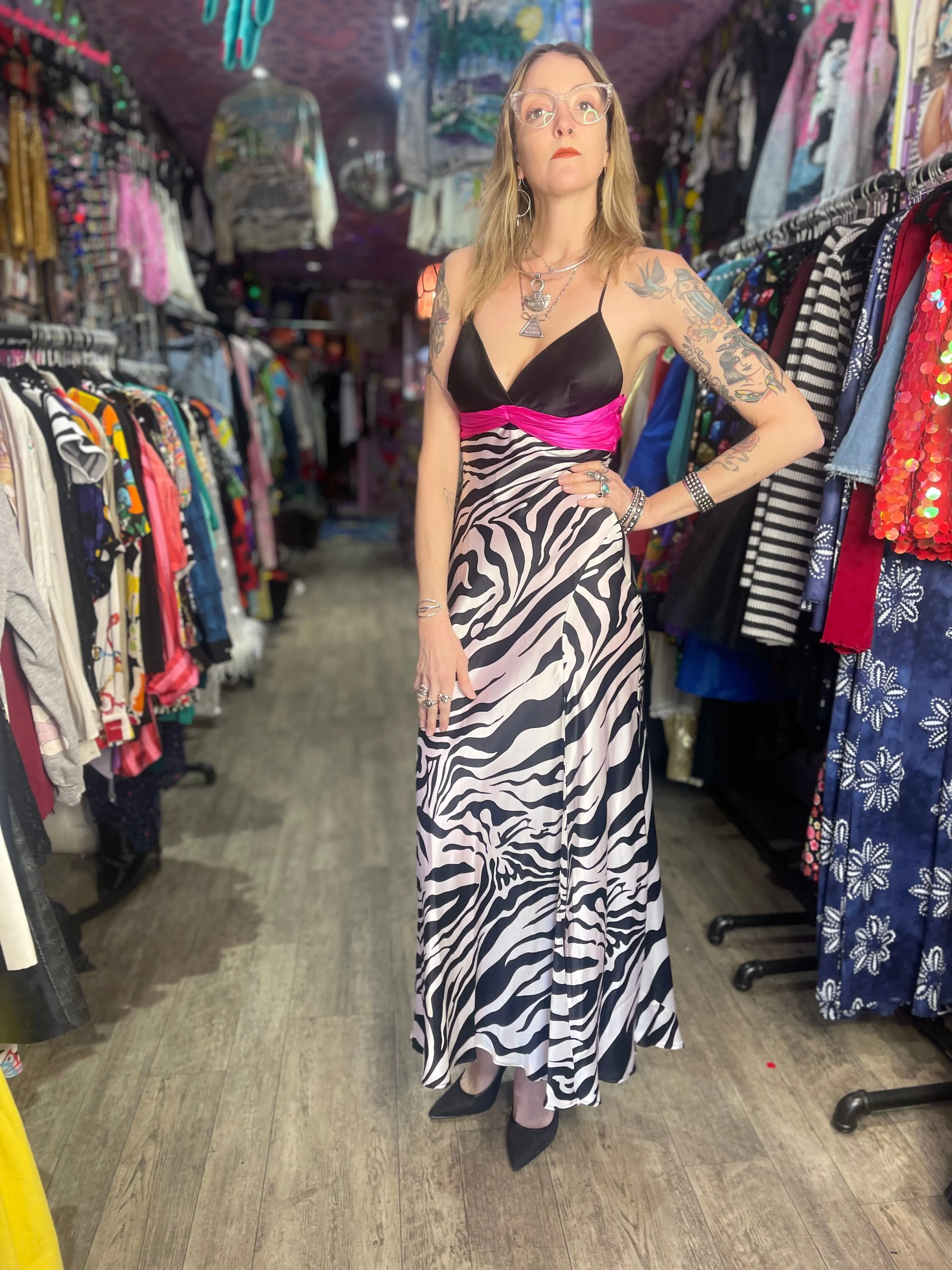 Vintage Y2K Zebra Maxi Prom Dress