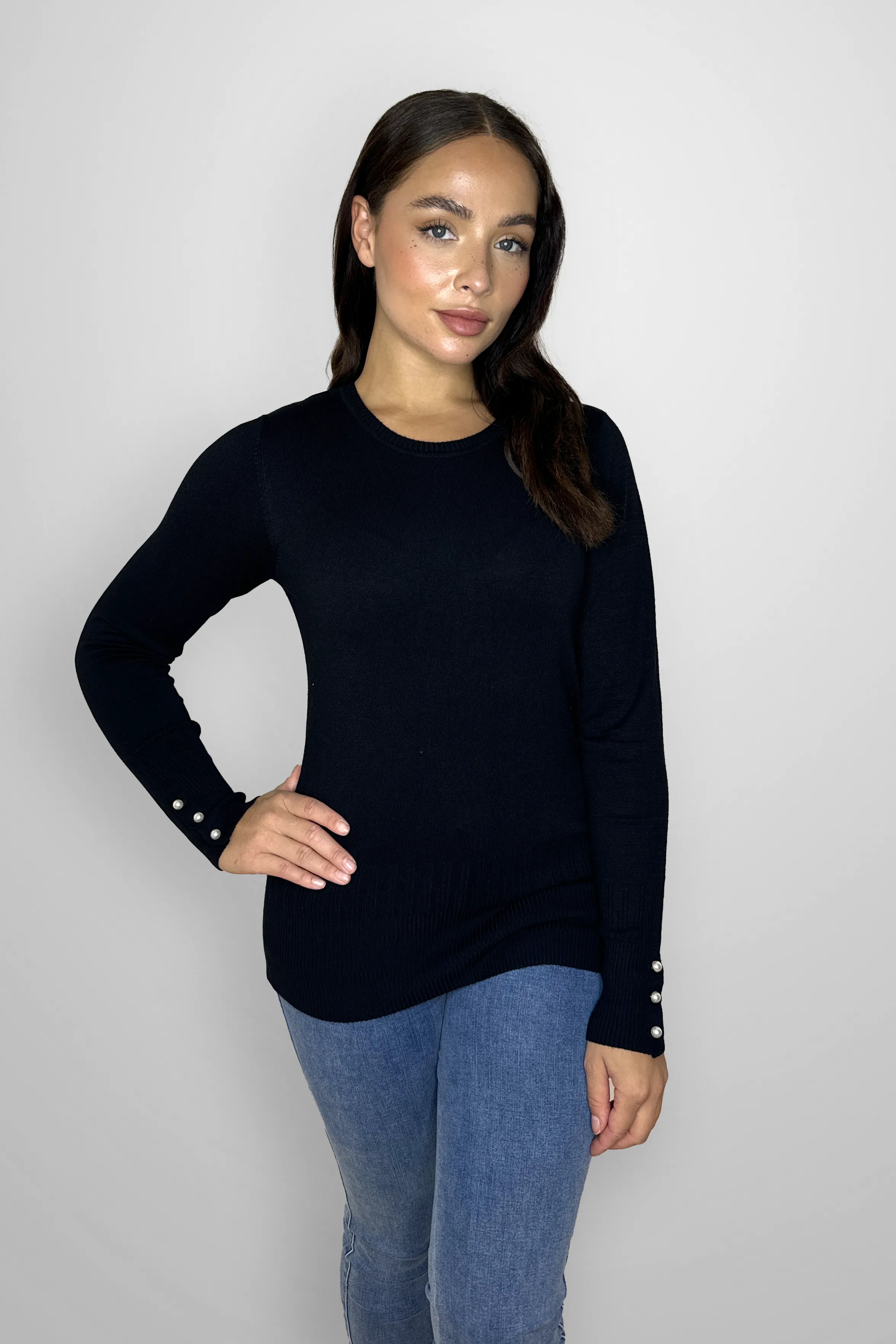 Viscose Blend Long Button Sleeve Basic Sweater