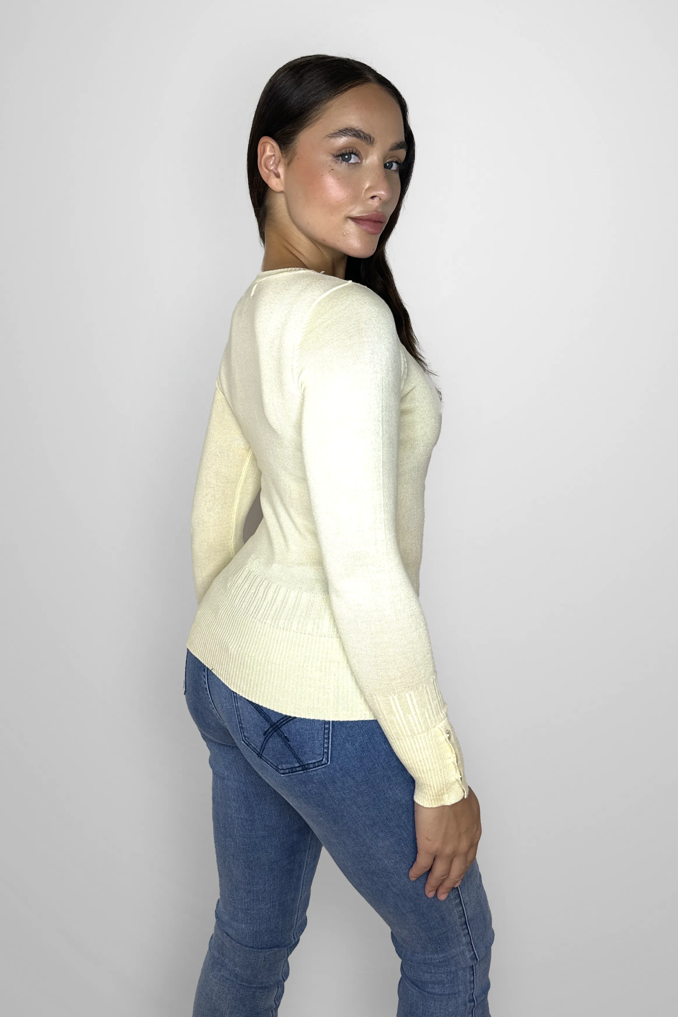 Viscose Blend Long Button Sleeve Basic Sweater