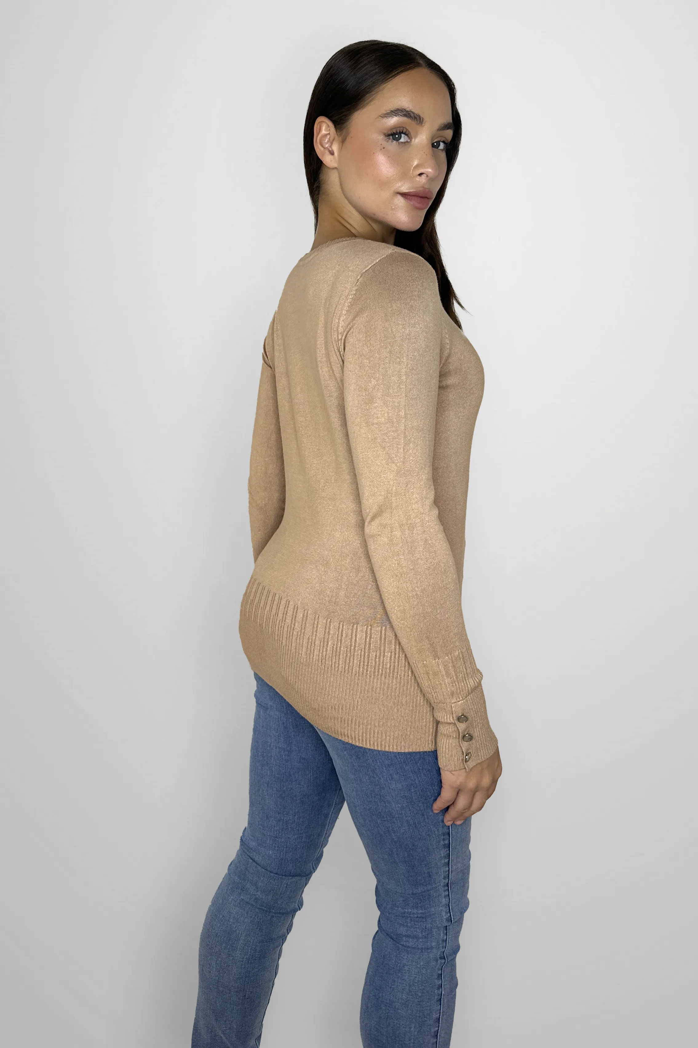 Viscose Blend Long Button Sleeve Basic Sweater