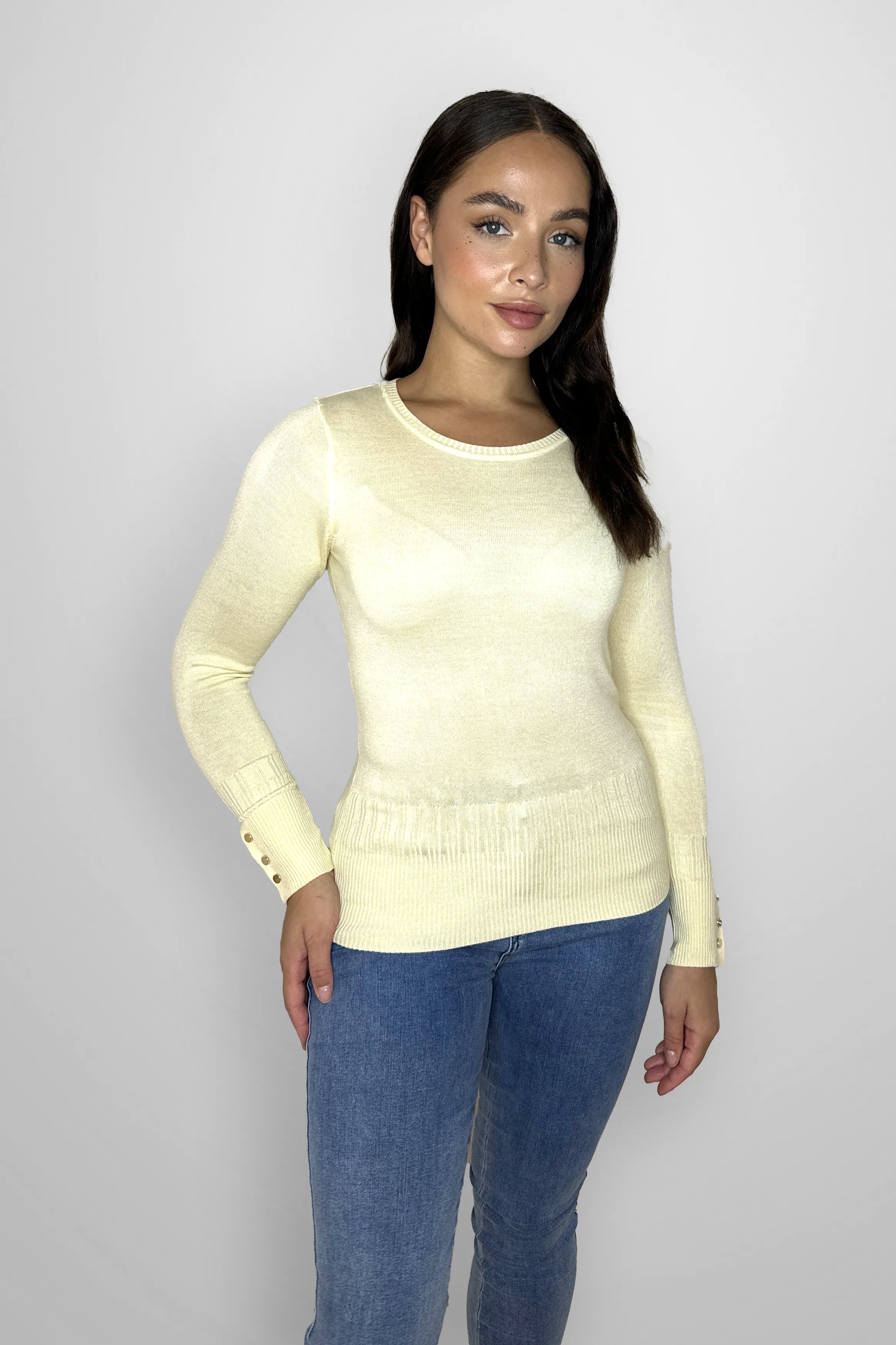 Viscose Blend Long Button Sleeve Basic Sweater