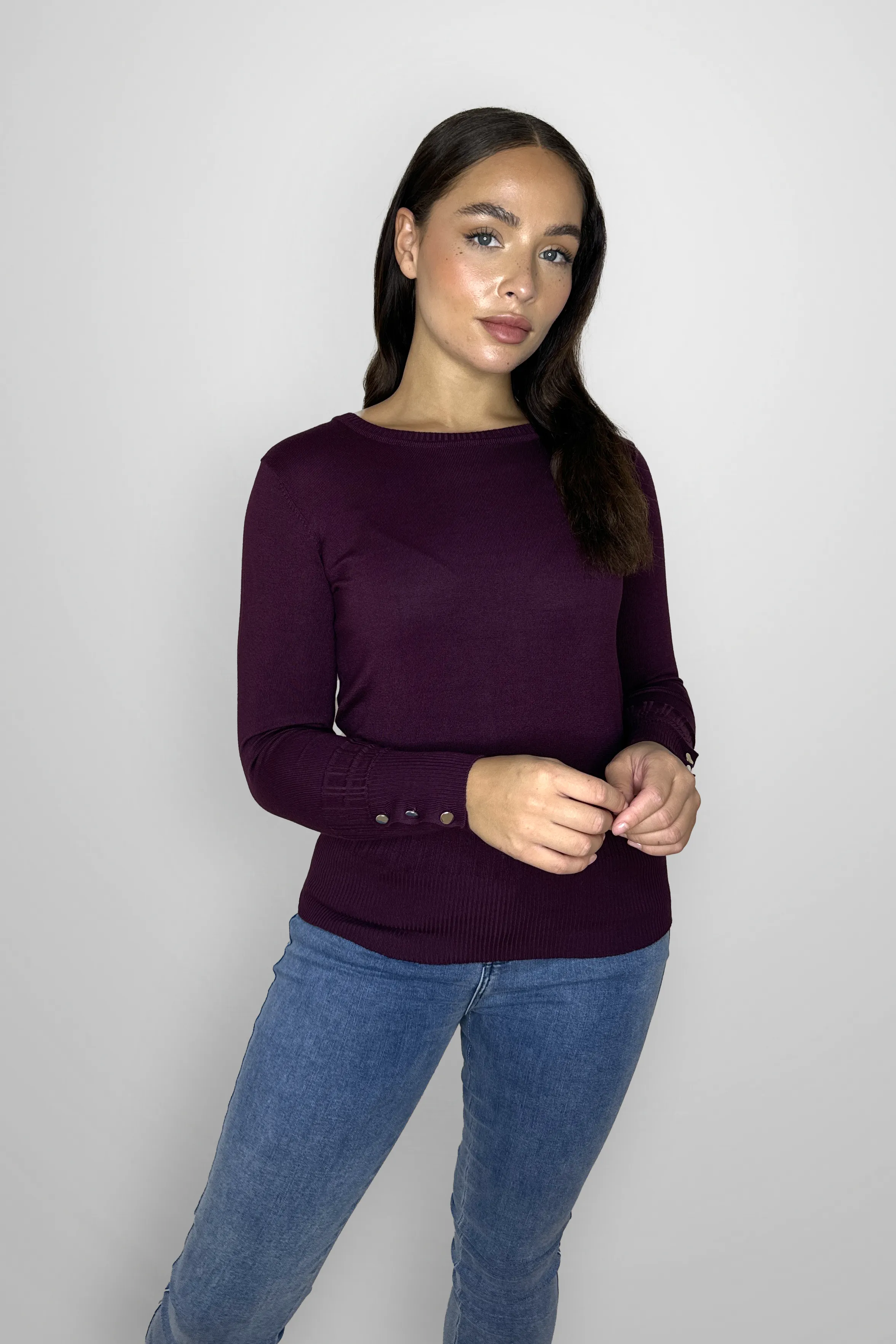 Viscose Blend Long Button Sleeve Basic Sweater