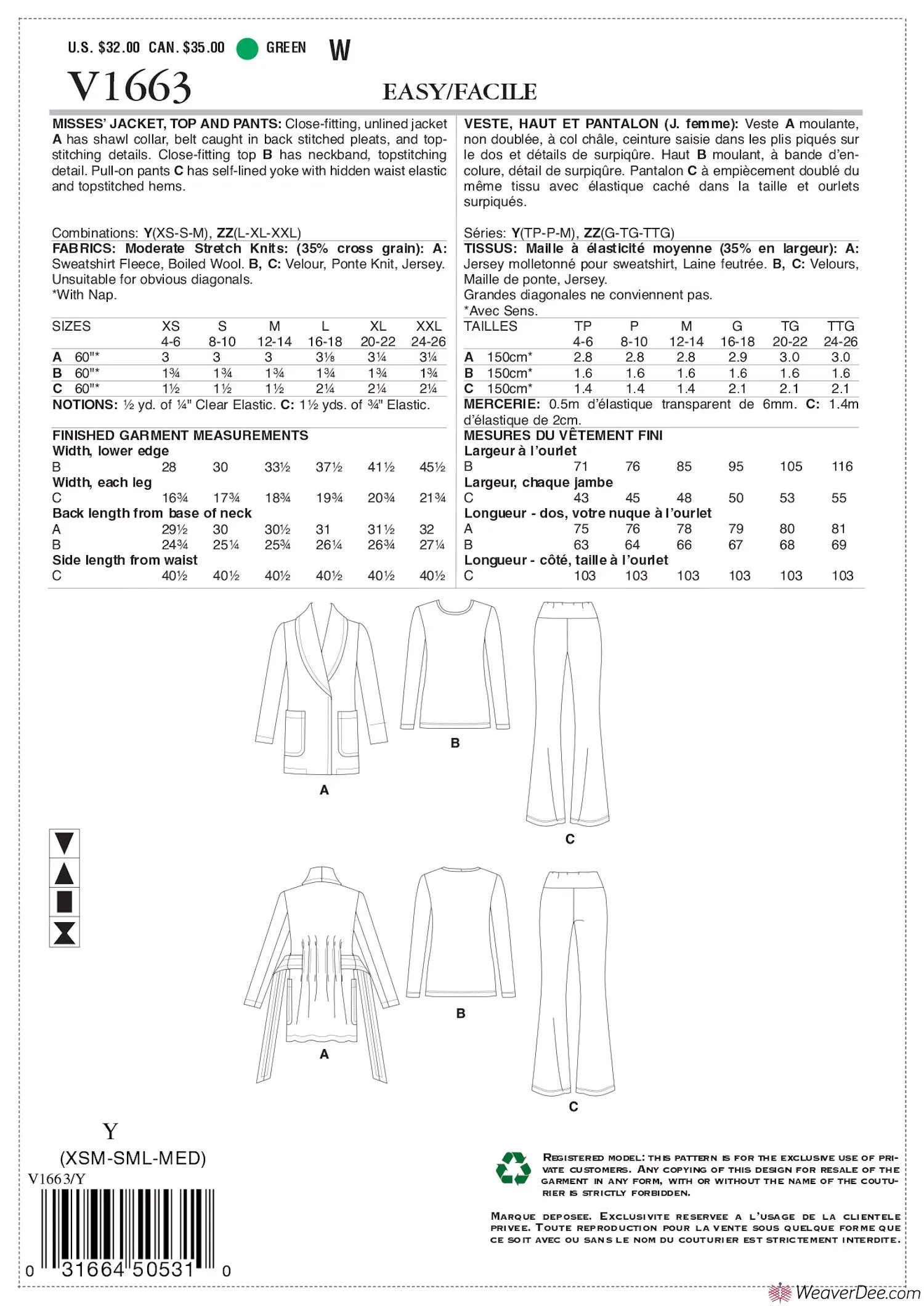 Vogue Pattern V1663 Misses' Jacket, Top & Trousers