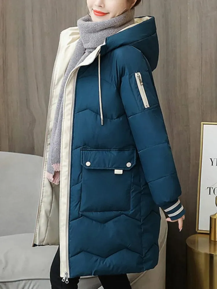 Warmth in Style: Long Hooded Parka for Women, Windproof Winter Jacket with Down Cotton, Ideal for Casual Wear