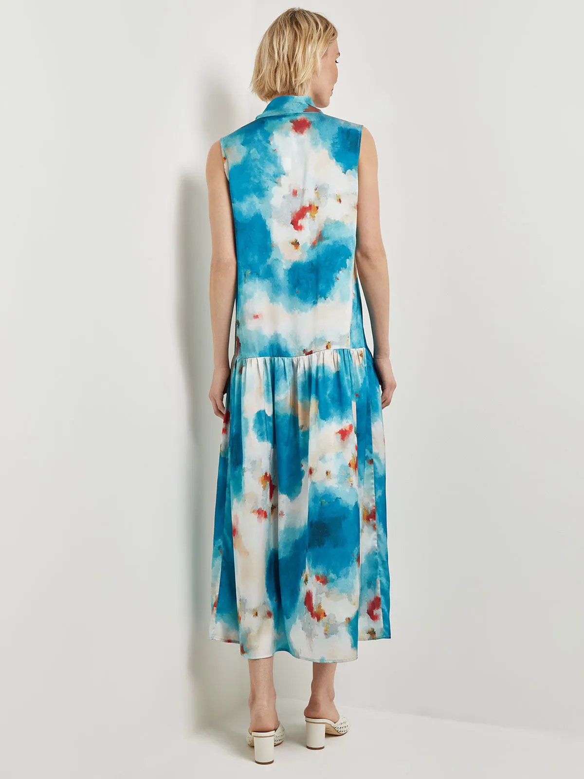 Watercolor Removable Shawl Collar Crepe Maxi Dress