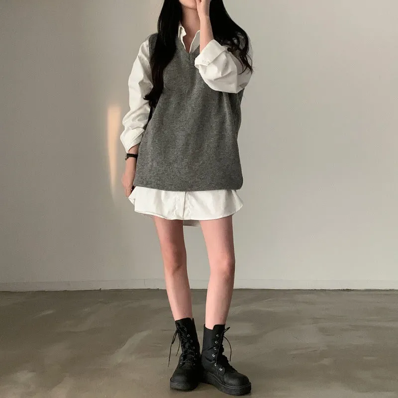 Wenkouban fall outfits 2024 Chic Autumn Simple All-Match V-neck Solid Color Pullover Mid-Length Knitted Vest for Women