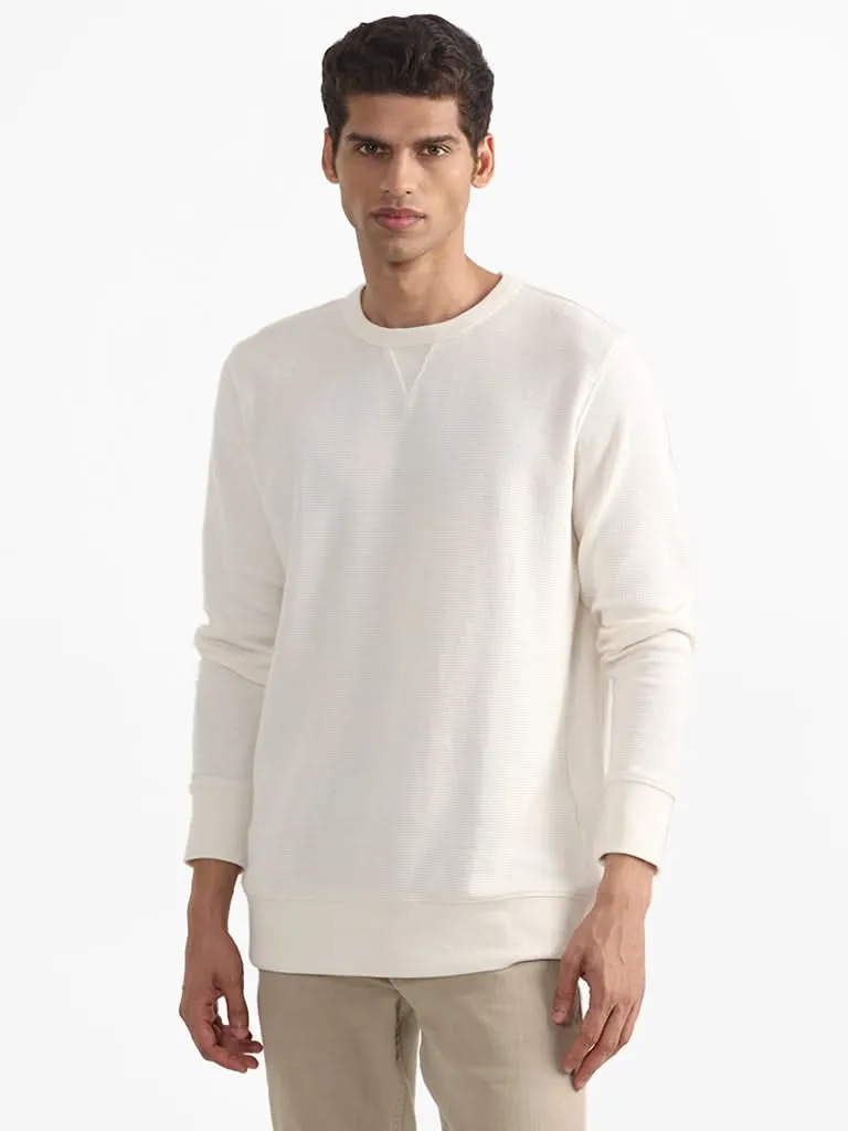 WES Casuals Plain Slim-Fit Off White Cotton Blend Sweater