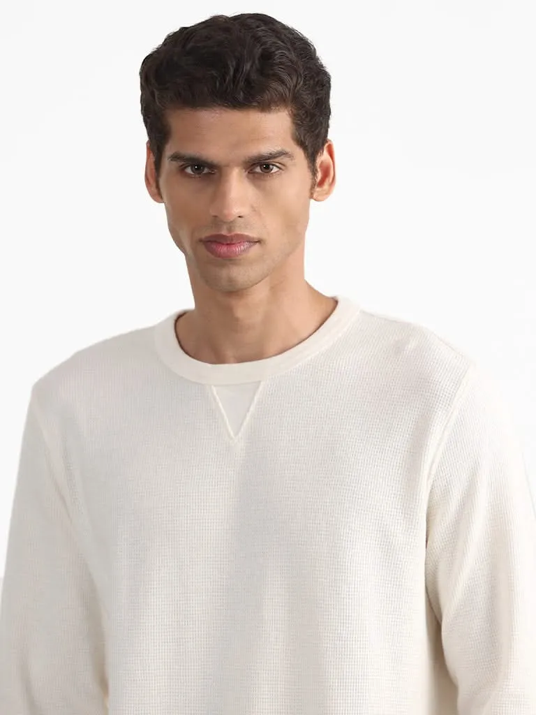 WES Casuals Plain Slim-Fit Off White Cotton Blend Sweater