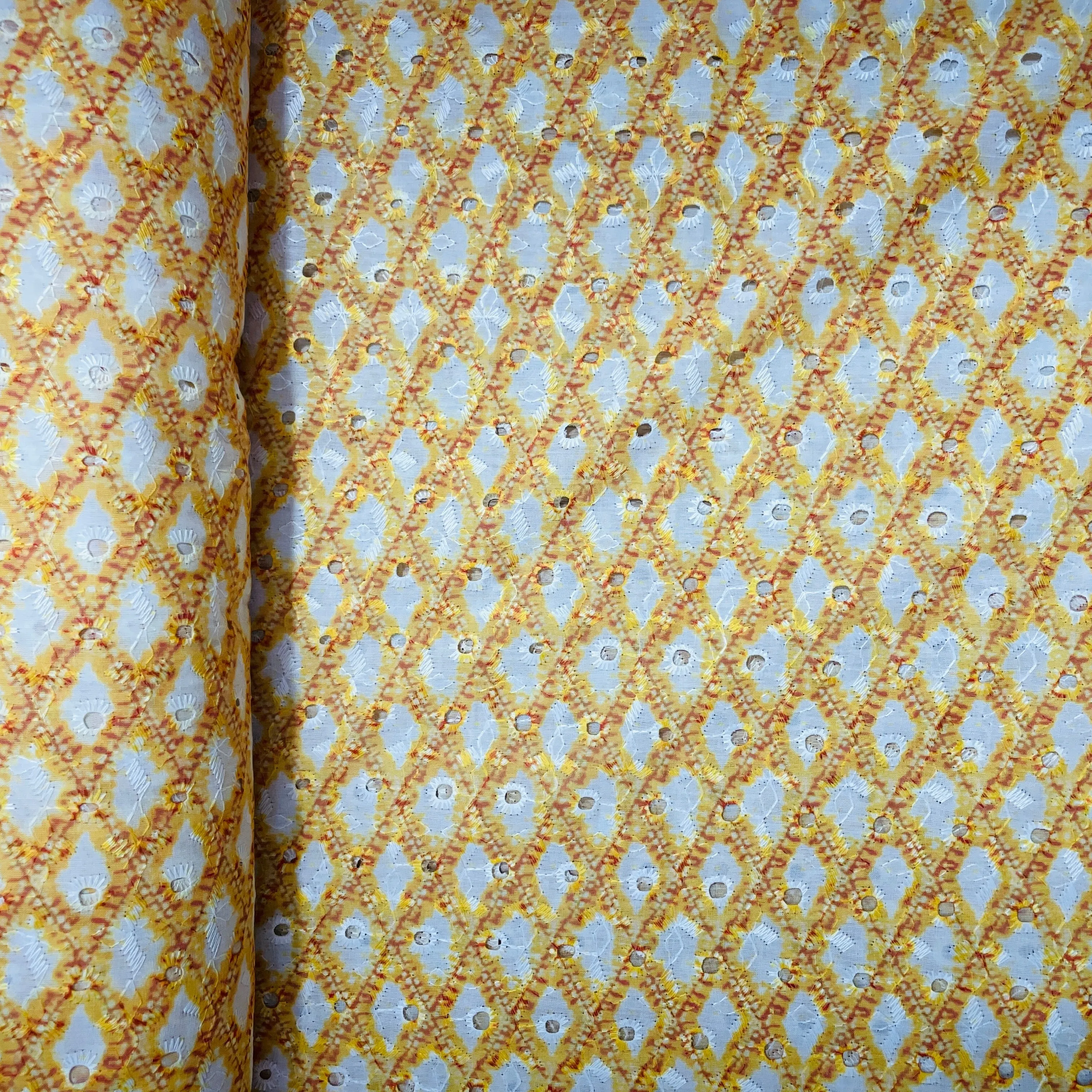 White & Yellow Geometerical Embroidery Cotton Schiffli Fabric