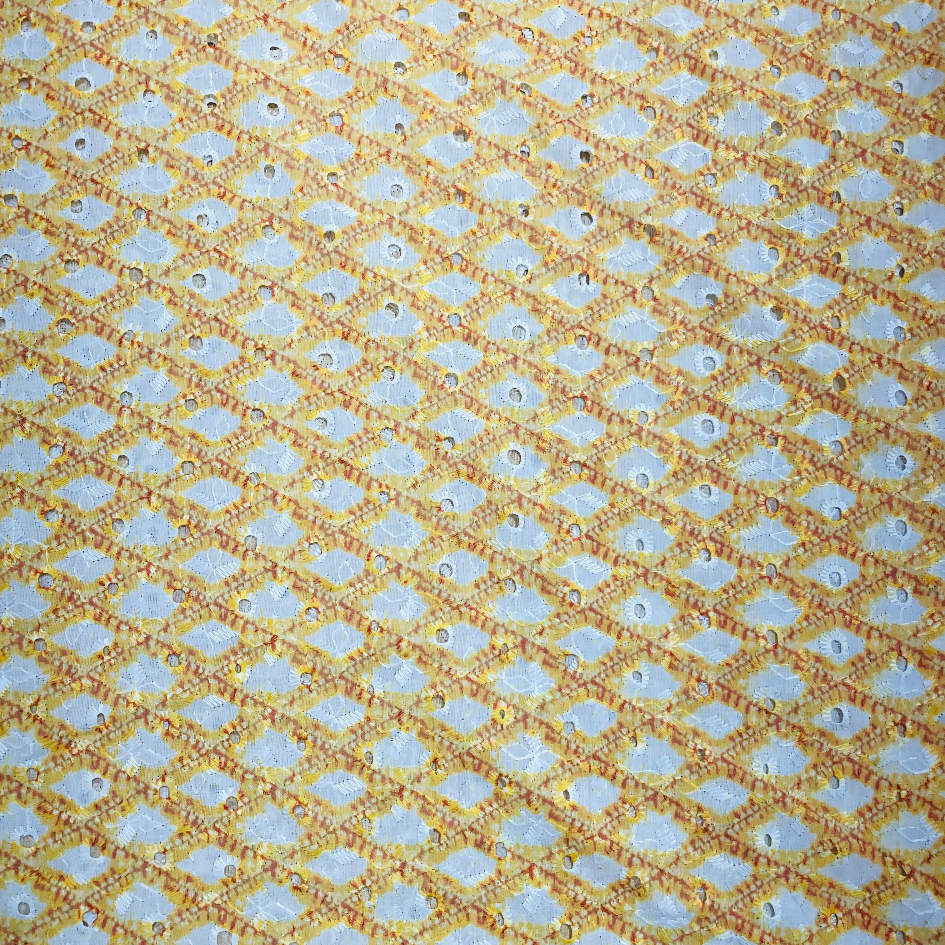 White & Yellow Geometerical Embroidery Cotton Schiffli Fabric