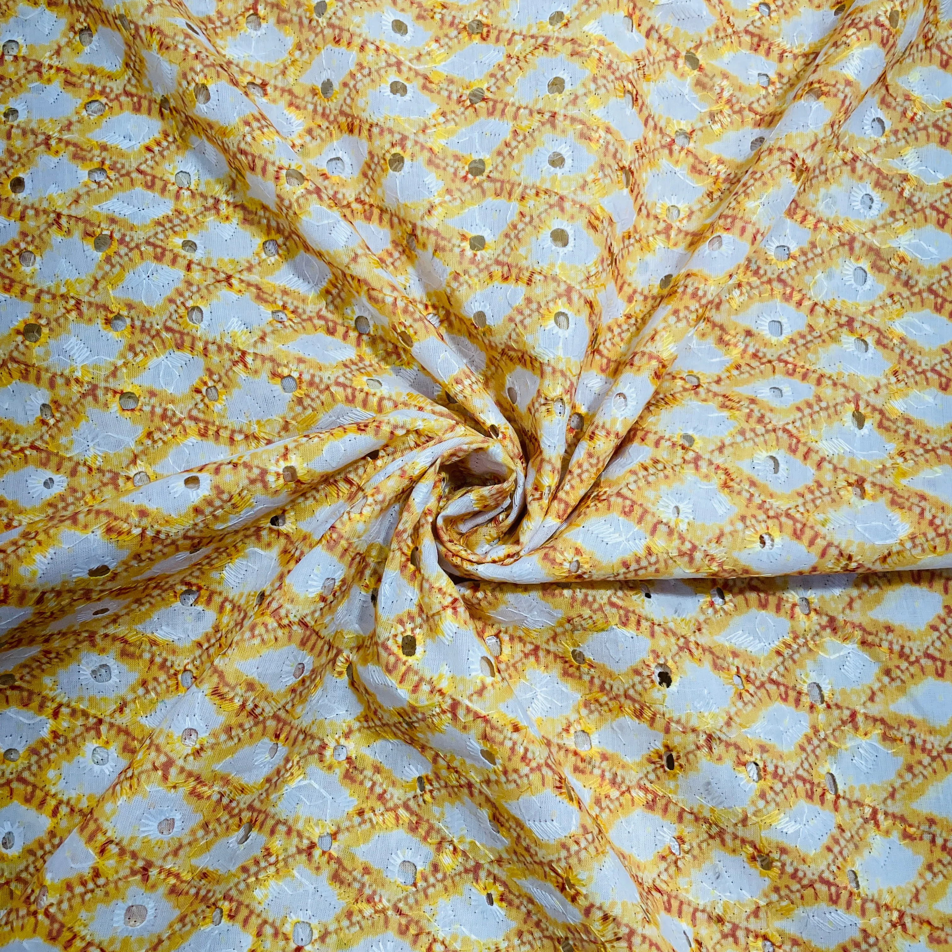 White & Yellow Geometerical Embroidery Cotton Schiffli Fabric