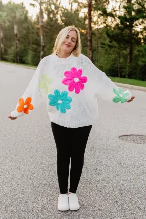 White Floral Stitched Wholesale Fall Sweater