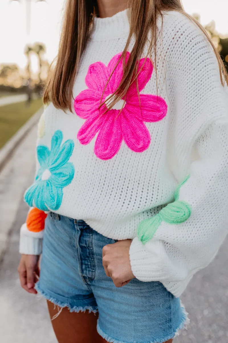 White Floral Stitched Wholesale Fall Sweater