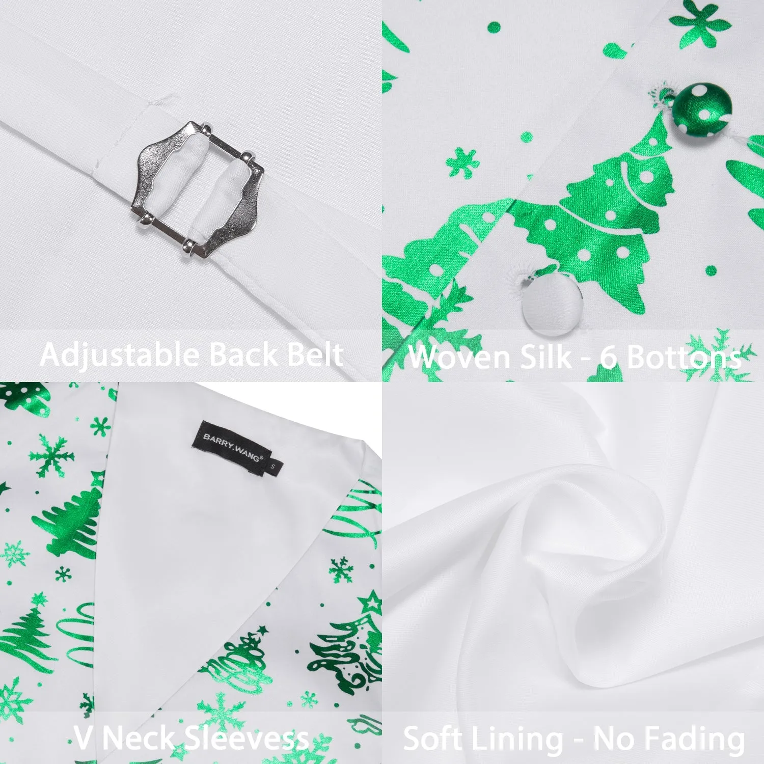 White Green Christmas Tree Novelty Silk Men's Vest Bow Tie Set Waistcoat Suit Set