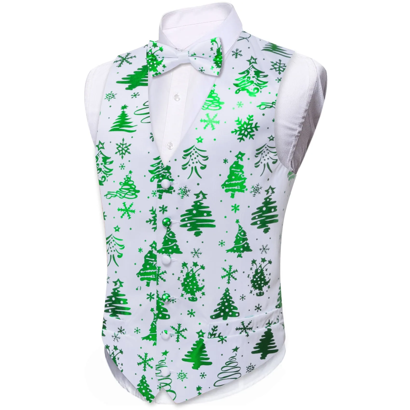 White Green Christmas Tree Novelty Silk Men's Vest Bow Tie Set Waistcoat Suit Set