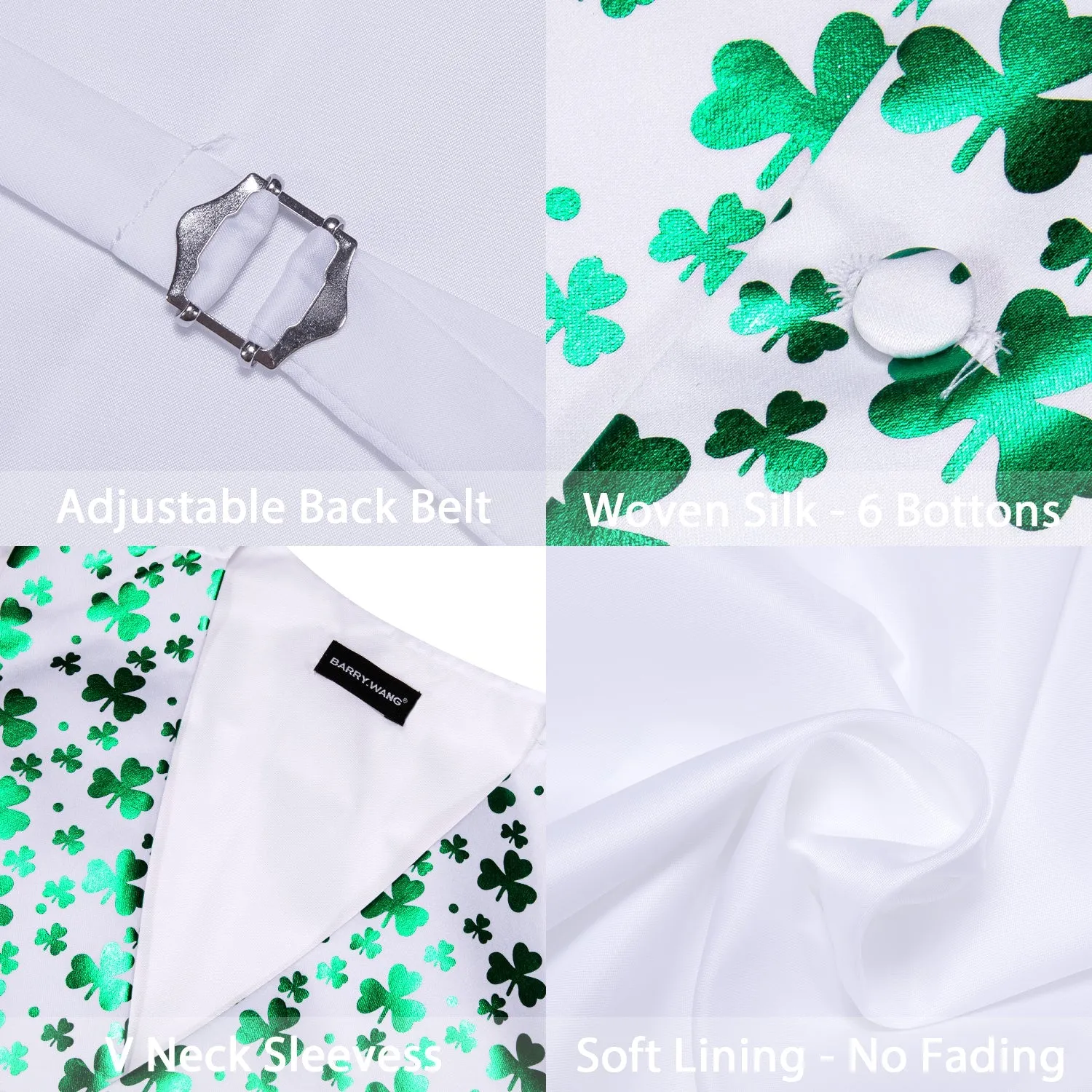 White Green Clover Novelty Silk Men's Vest Hanky Cufflinks Tie Set