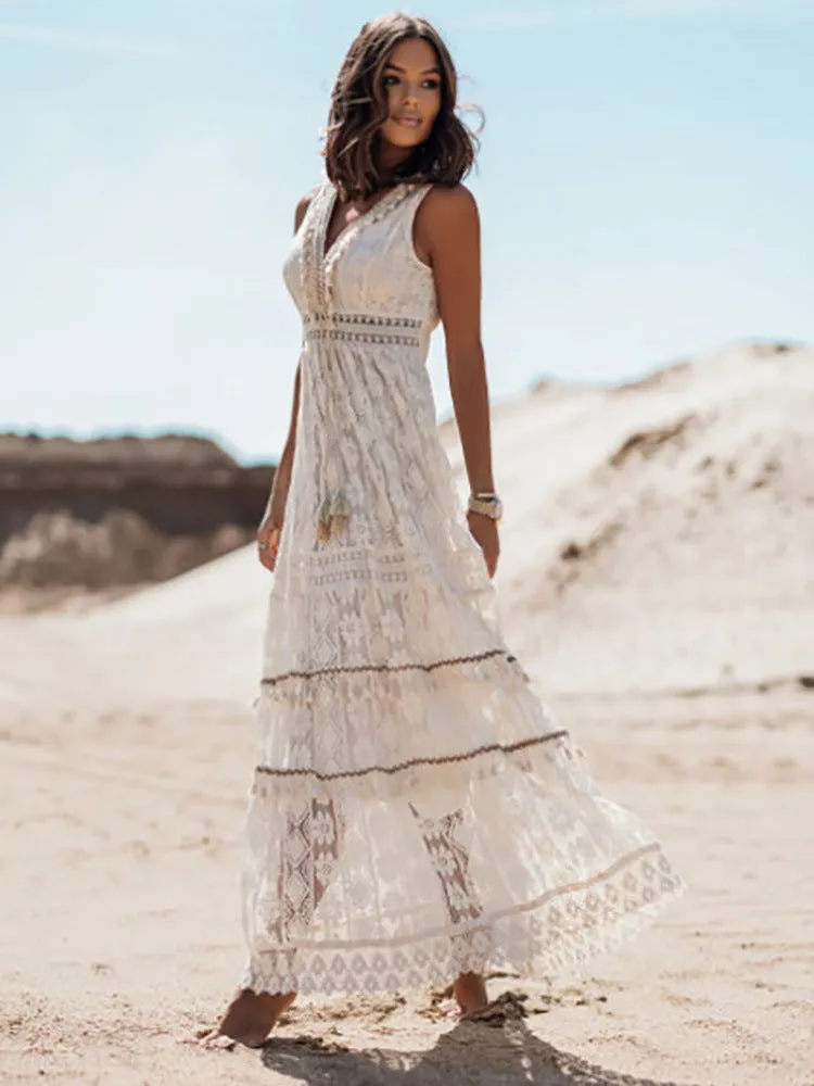 White Lace Bohemian Maxi Dress