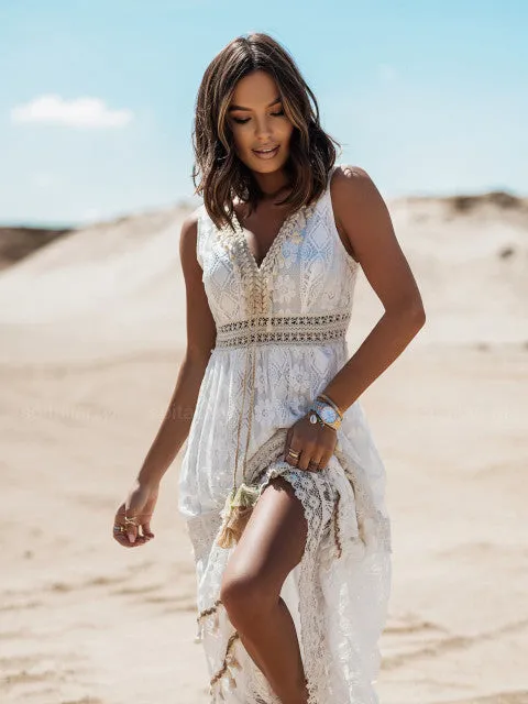 White Lace Bohemian Maxi Dress