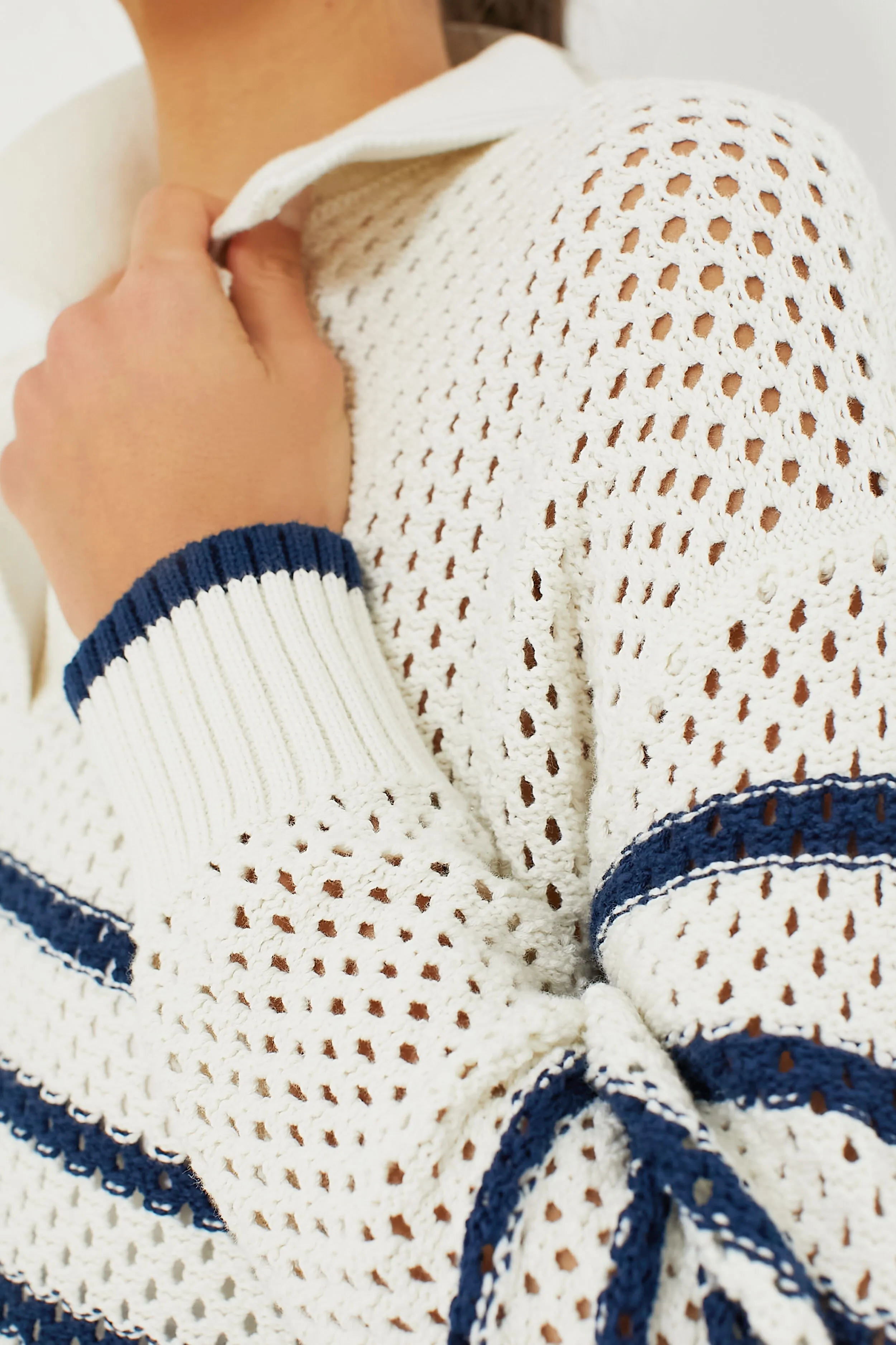 White Stripe Mesh Fischer Sweater