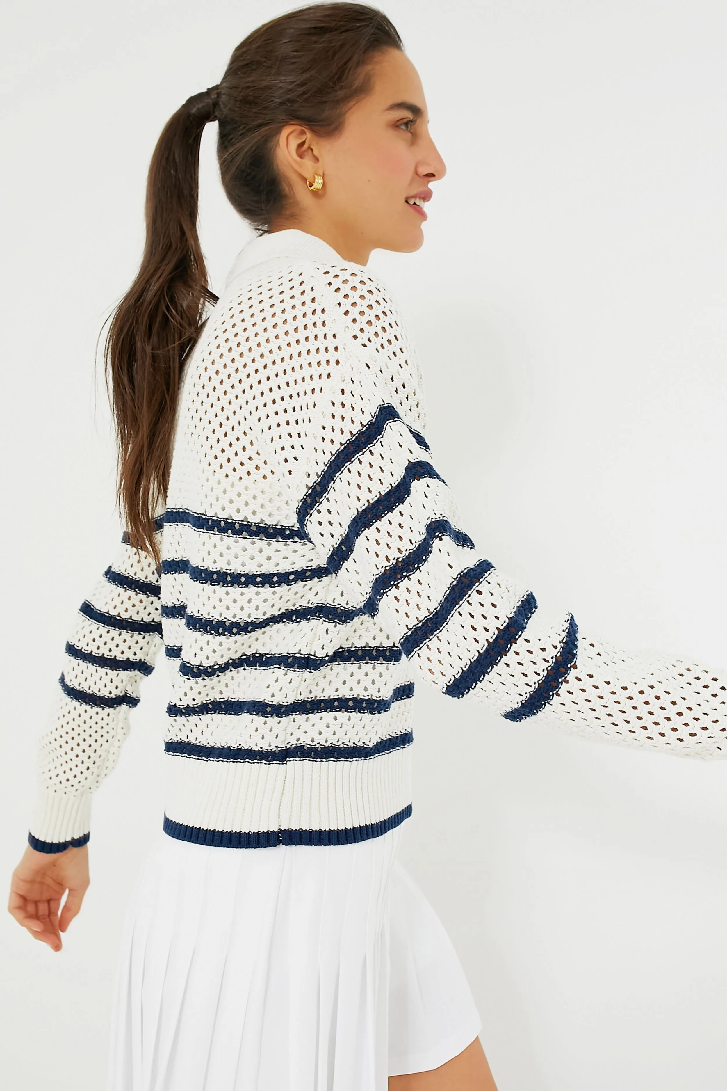 White Stripe Mesh Fischer Sweater