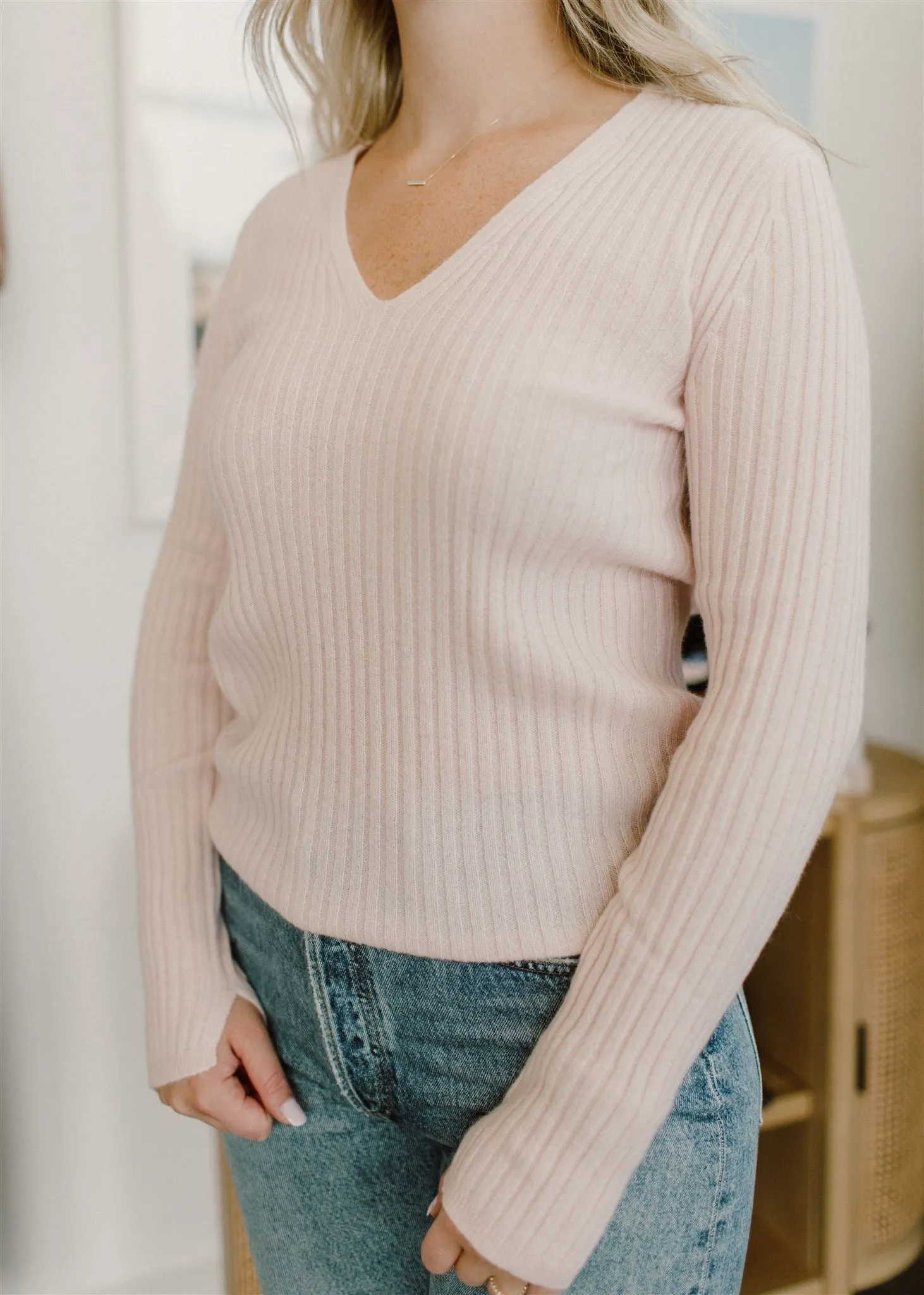 White   Warren - Cashmere Ribbed Stitch V Neck Sweater in Soft Blush