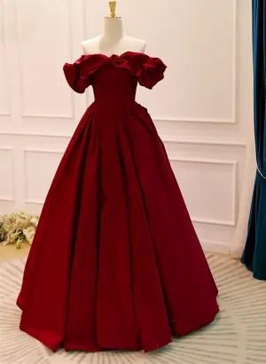 Wine Red Satin A-line Off Shoulder Long Formal Dress, Wine Red Evening Dress Prom Dress