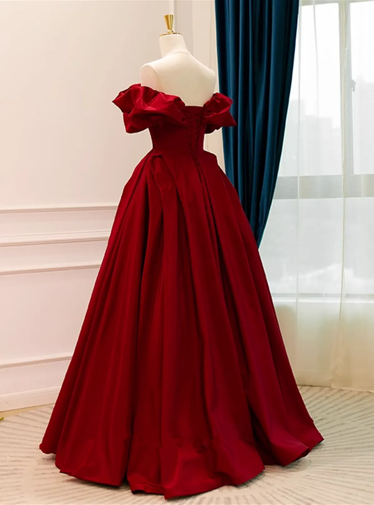 Wine Red Satin A-line Off Shoulder Long Formal Dress, Wine Red Evening Dress Prom Dress