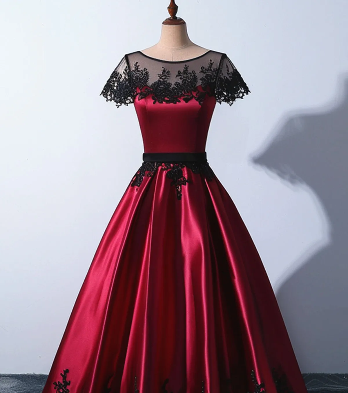 Wine Red Satin Round Neckline with Black Lace Party Dress, Wine Red Prom Dress