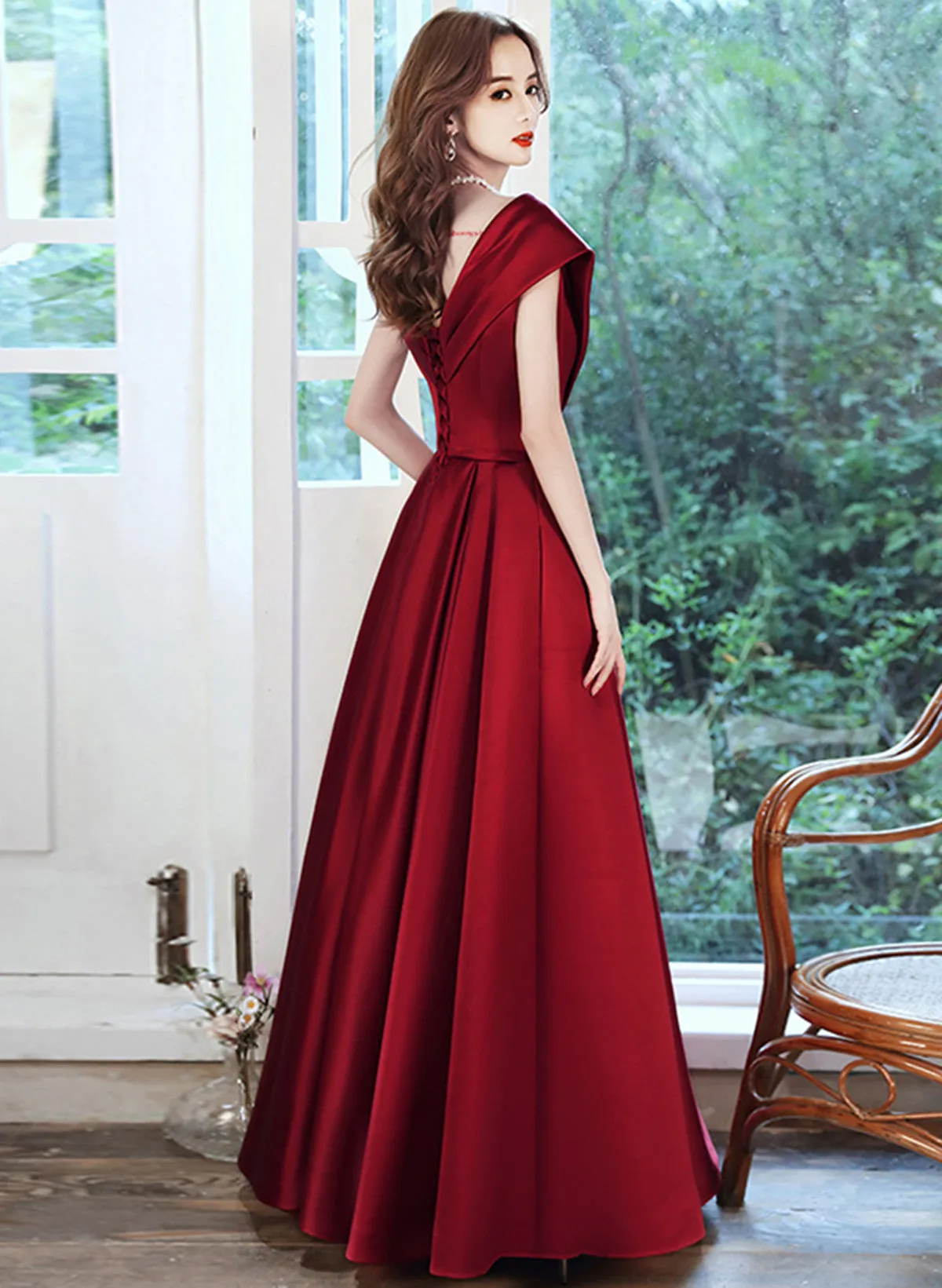 Wine Red Satin V-neckline Floor Length Party Dress, Wine Red Satin Prom Dress