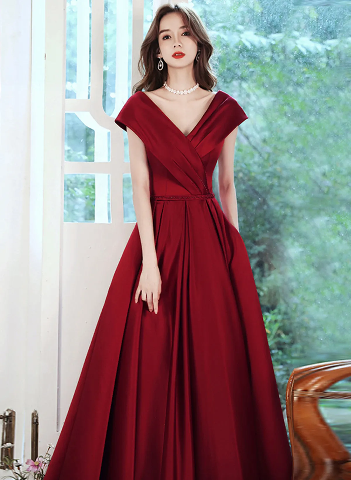 Wine Red Satin V-neckline Floor Length Party Dress, Wine Red Satin Prom Dress