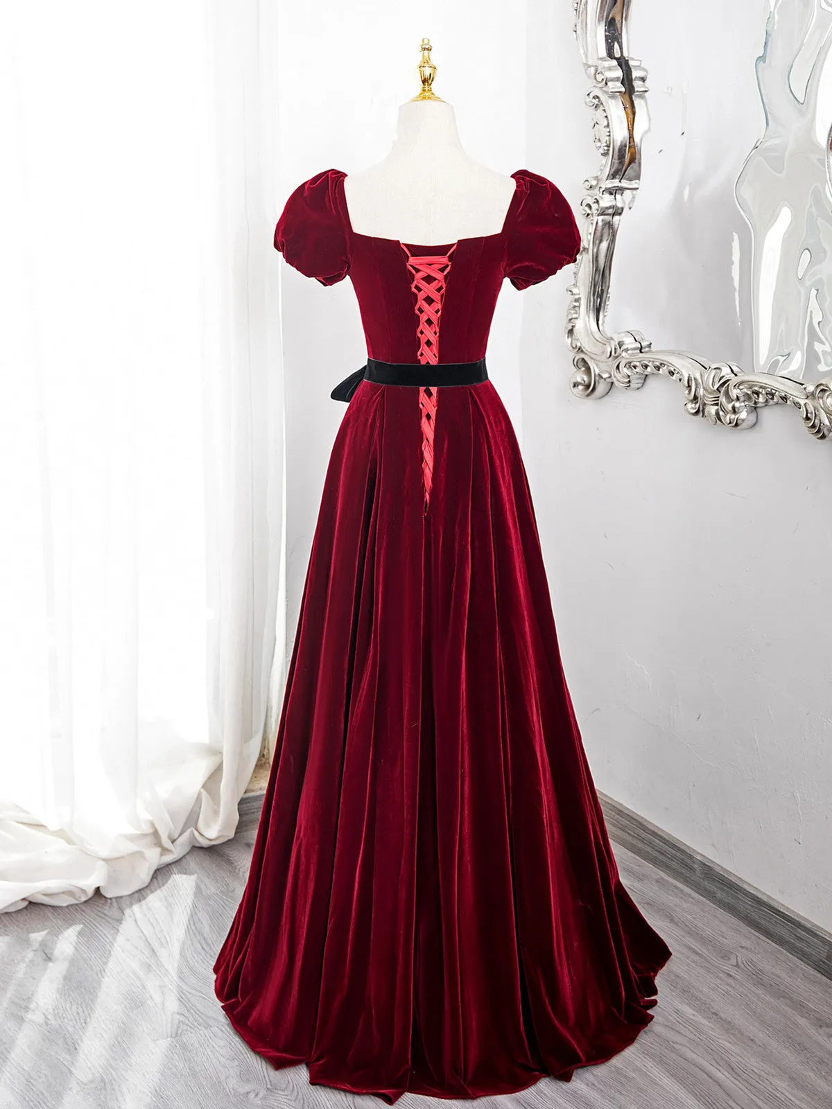 Wine Red Velvet Short Sleeves A-line Prom Dress, Wine Red Long Party Dress