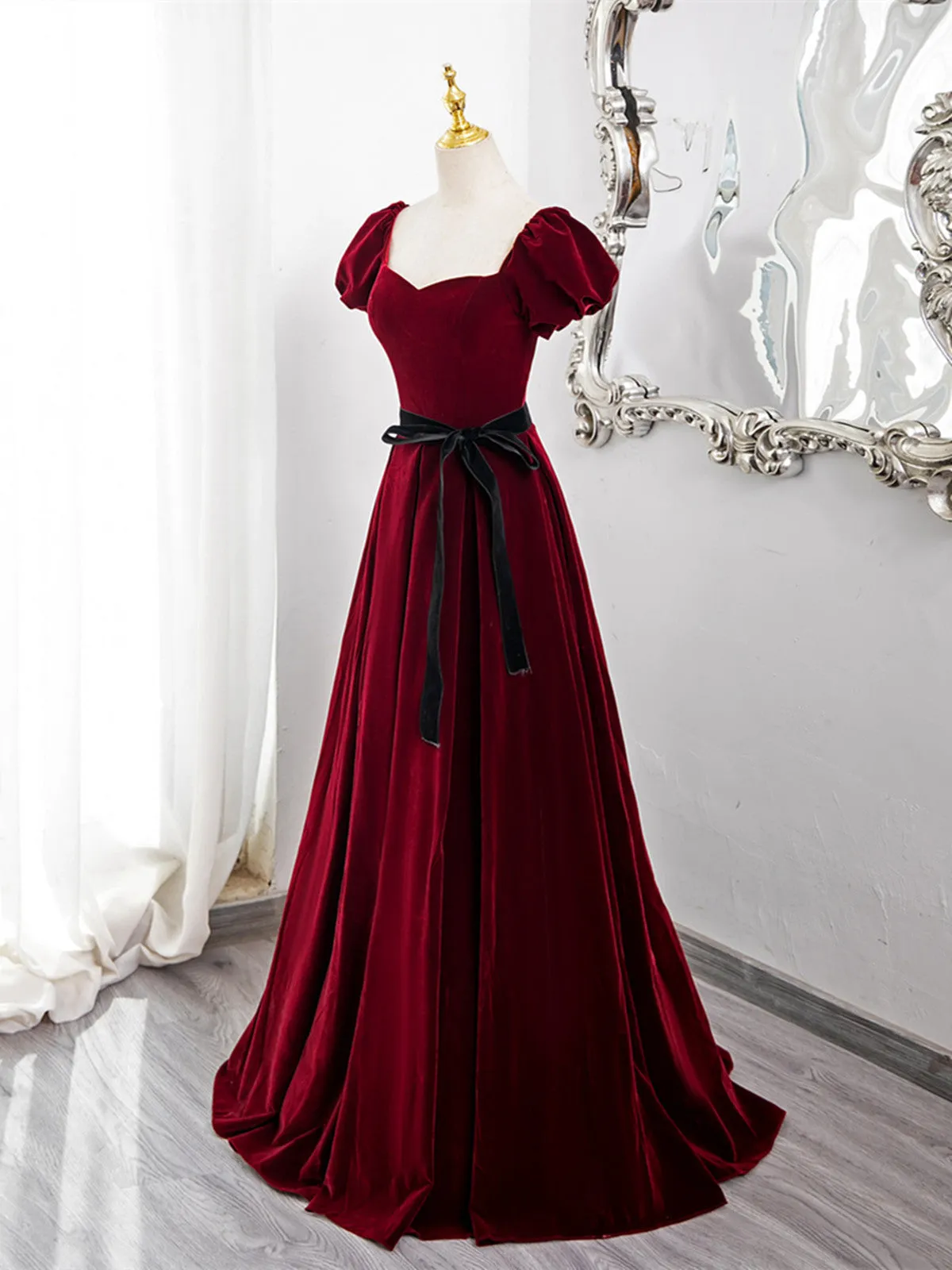 Wine Red Velvet Short Sleeves A-line Prom Dress, Wine Red Long Party Dress