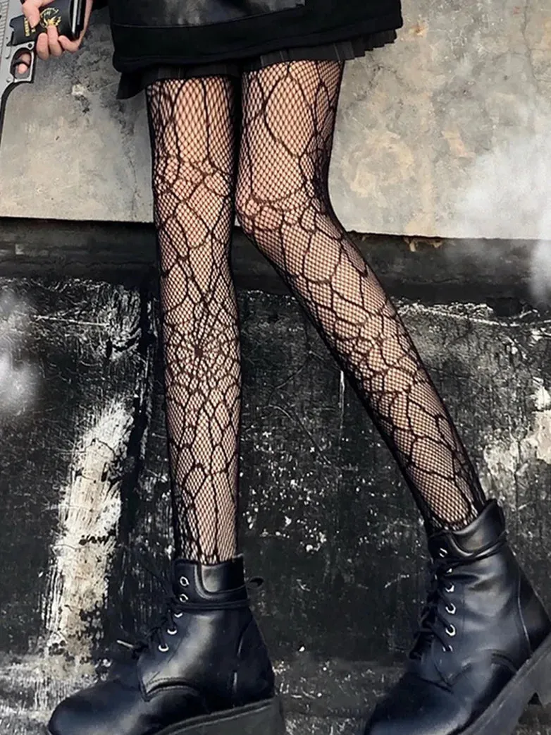 Women Dark Gothic Spider Pattern Fishnet Socks