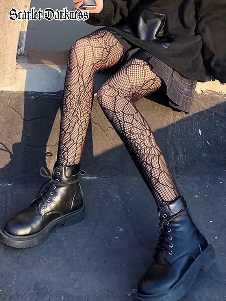 Women Dark Gothic Spider Pattern Fishnet Socks