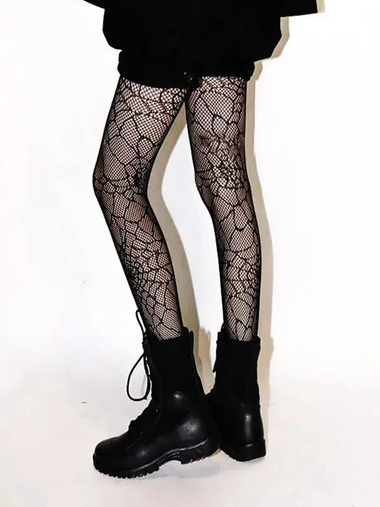 Women Dark Gothic Spider Pattern Fishnet Socks