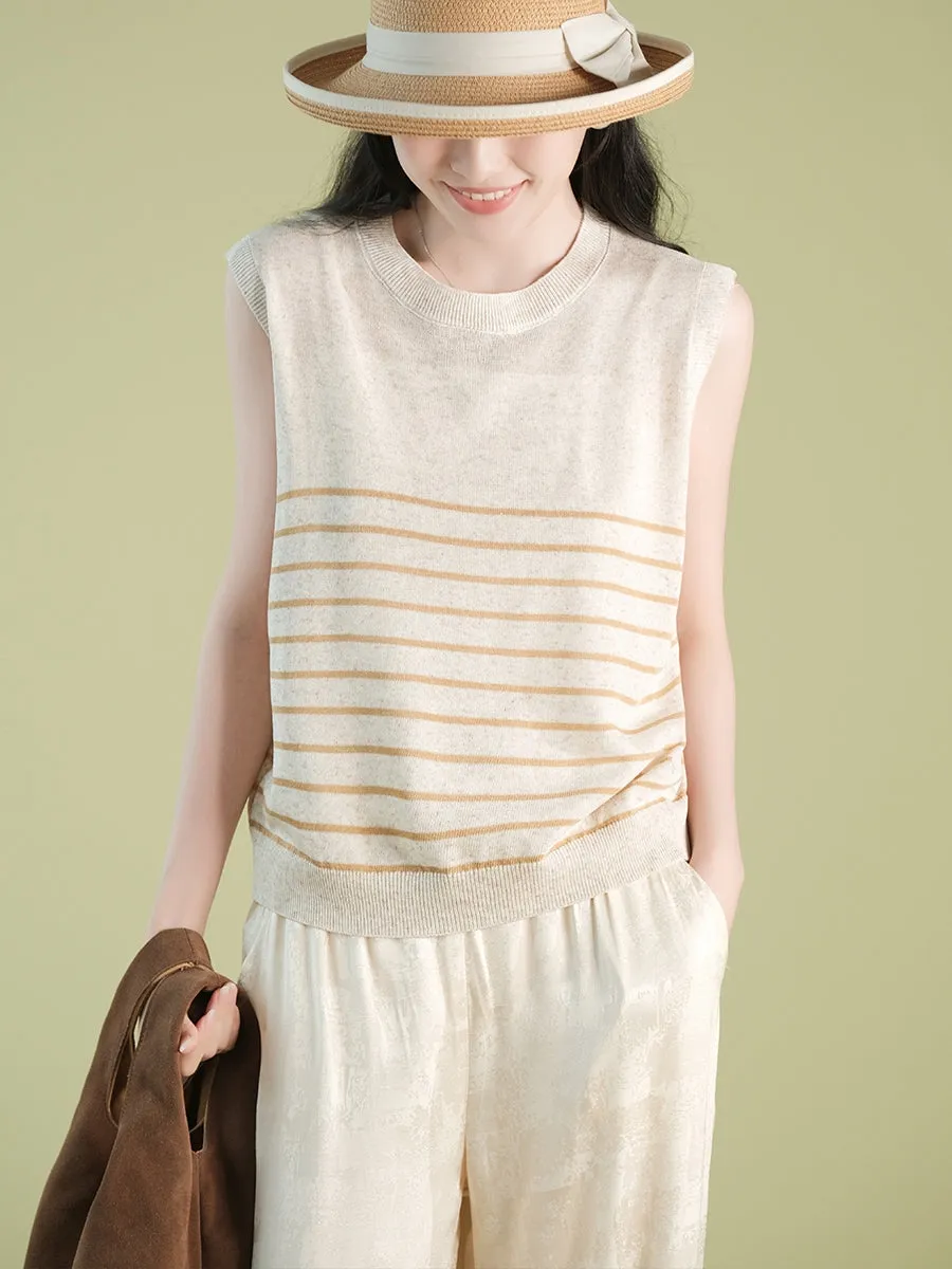 Women Summer Casual Stripe Knitted O-Neck Linen Vest CX004