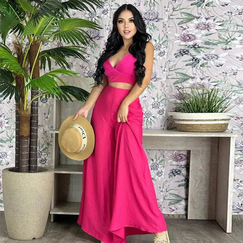 Women's Fashion Solid Color Camisole High Waist Pocket Wide Leg Pants Casual Suit