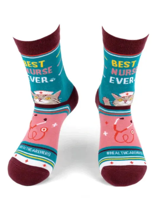 *Women's Health Care Heroes -Best Nurse Ever with Cat- Ultra Premium Novelty Socks