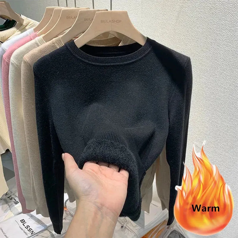 Women's O-neck Plus Velvet Thicken Sweaters Winter Slim Warm Long Sleeve Knitted Tops Casual Plush Fleece Lined Soft Pullover