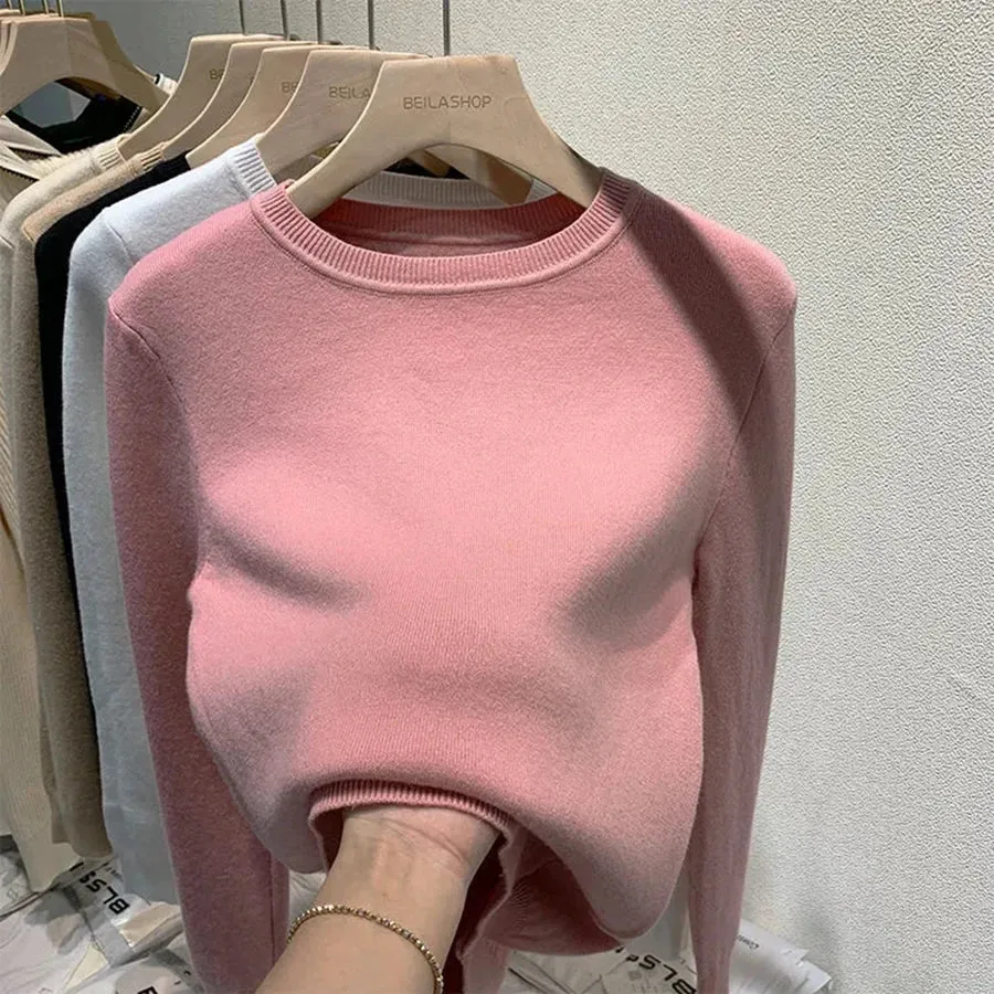 Women's O-neck Plus Velvet Thicken Sweaters Winter Slim Warm Long Sleeve Knitted Tops Casual Plush Fleece Lined Soft Pullover