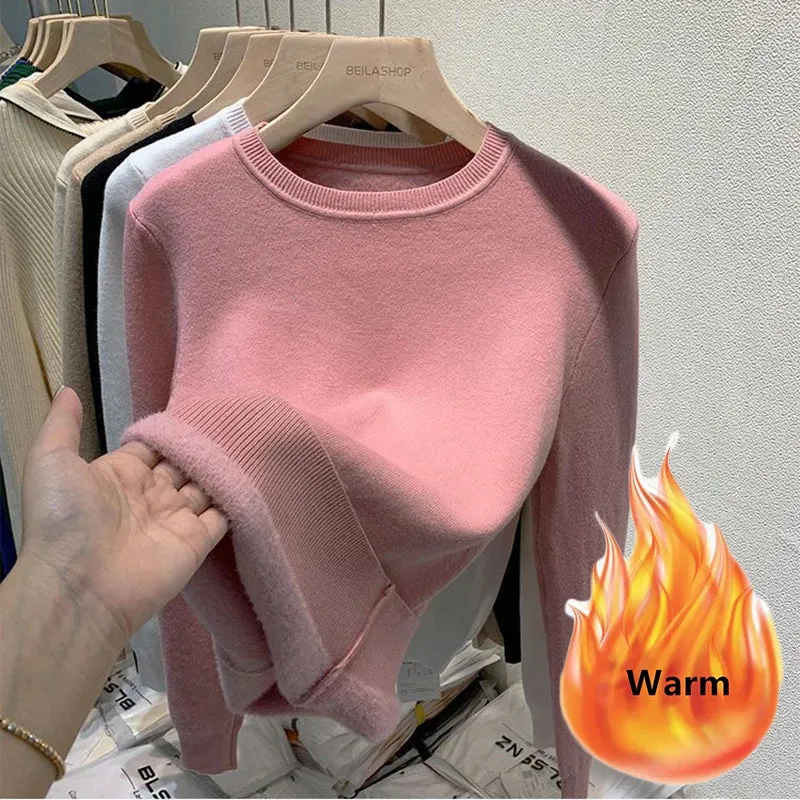 Women's O-neck Plus Velvet Thicken Sweaters Winter Slim Warm Long Sleeve Knitted Tops Casual Plush Fleece Lined Soft Pullover