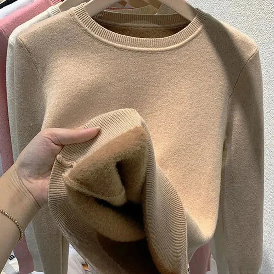 Women's O-neck Plus Velvet Thicken Sweaters Winter Slim Warm Long Sleeve Knitted Tops Casual Plush Fleece Lined Soft Pullover