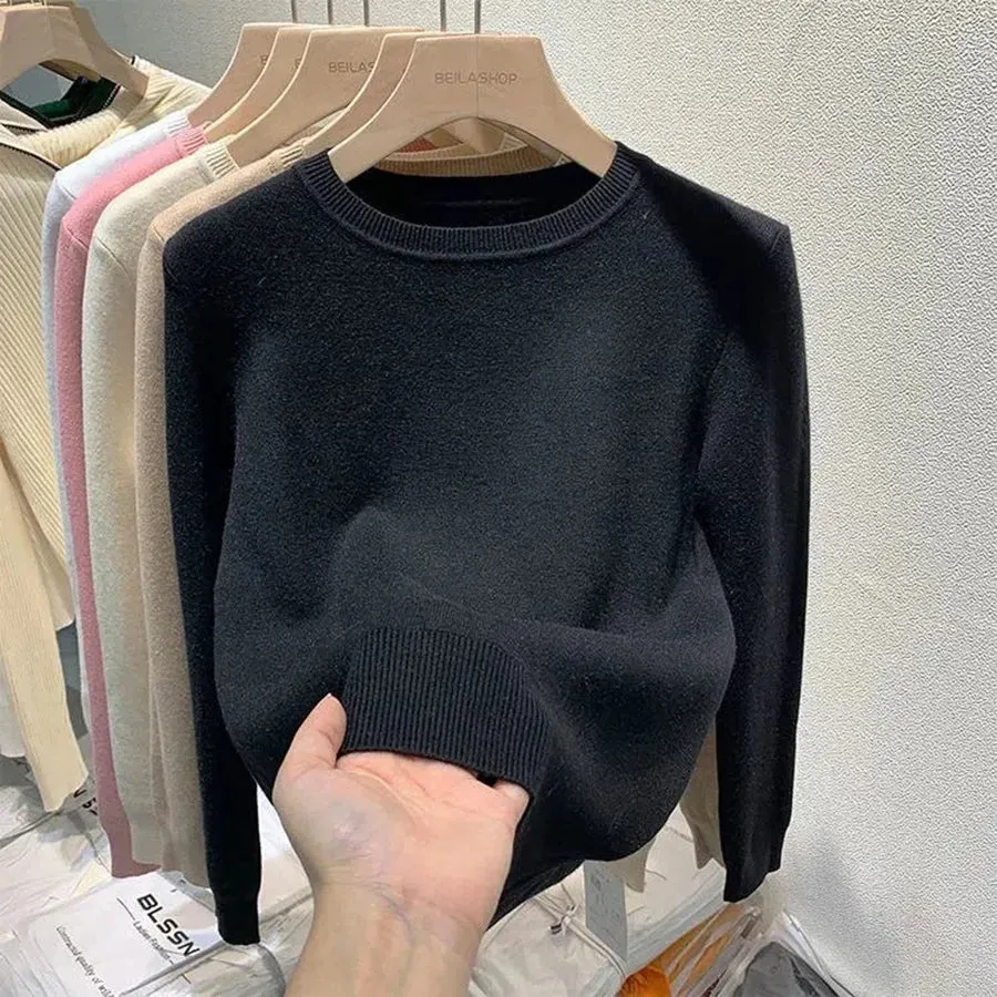 Women's O-neck Plus Velvet Thicken Sweaters Winter Slim Warm Long Sleeve Knitted Tops Casual Plush Fleece Lined Soft Pullover