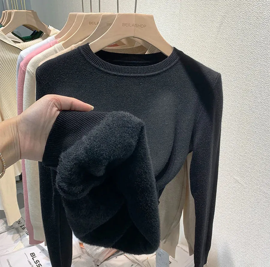 Women's O-neck Plus Velvet Thicken Sweaters Winter Slim Warm Long Sleeve Knitted Tops Casual Plush Fleece Lined Soft Pullover