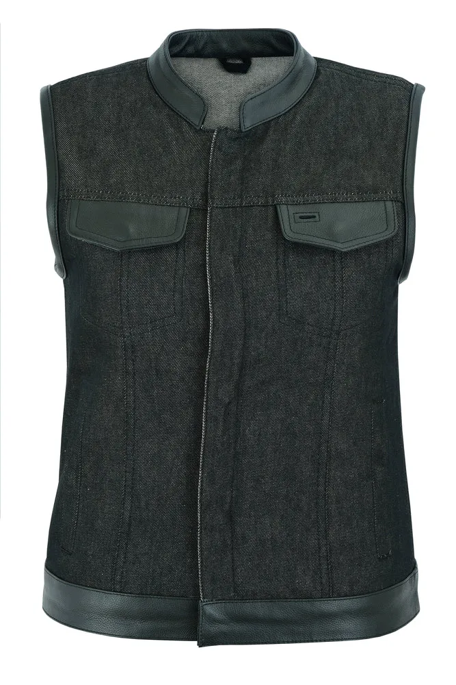 Women's Raw Finish Black Denim Vest with Leather Trim