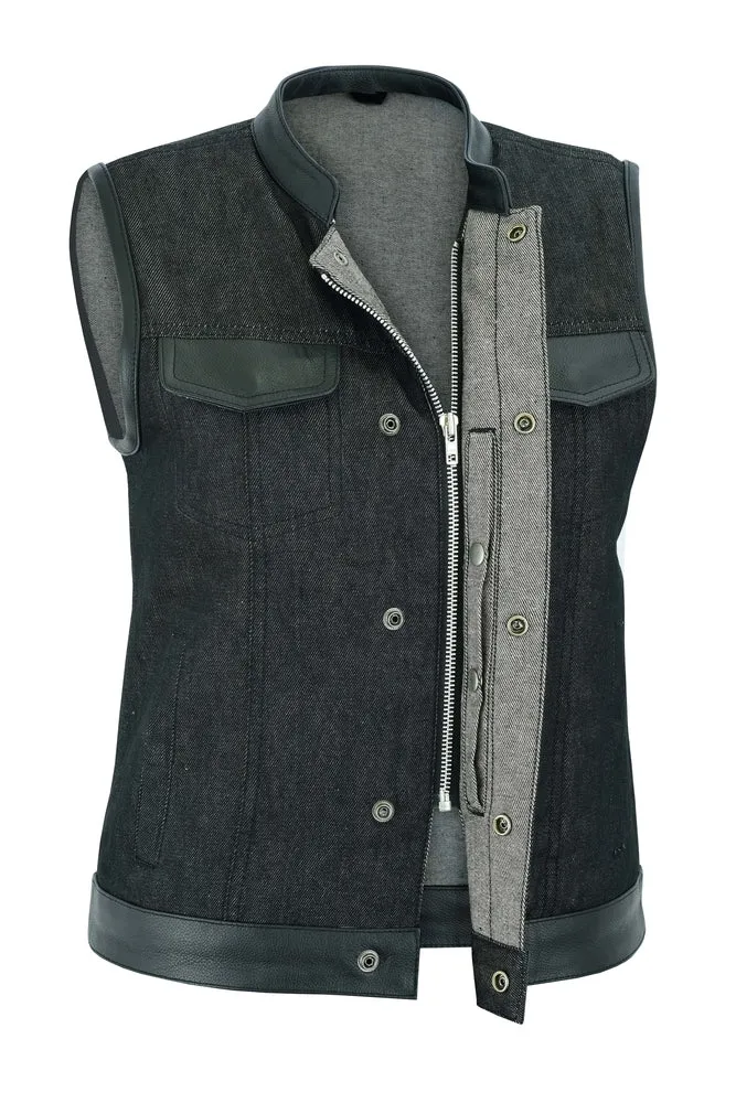 Women's Raw Finish Black Denim Vest with Leather Trim