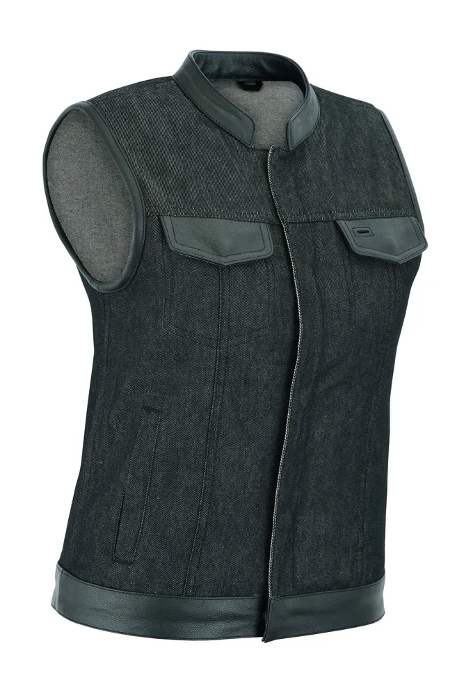 Women's Raw Finish Black Denim Vest with Leather Trim