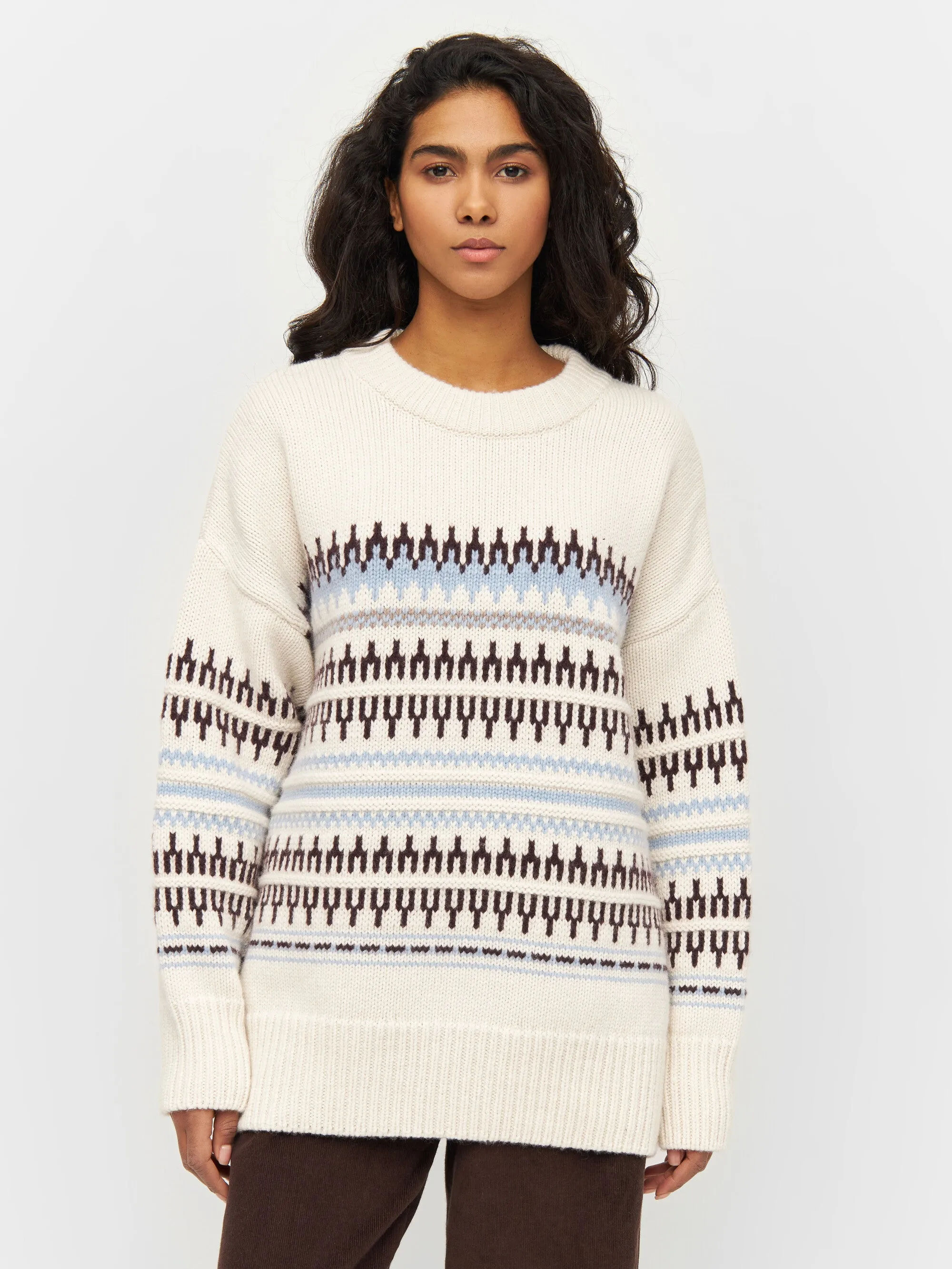 Wool pattern boxy crew neck - White stripe