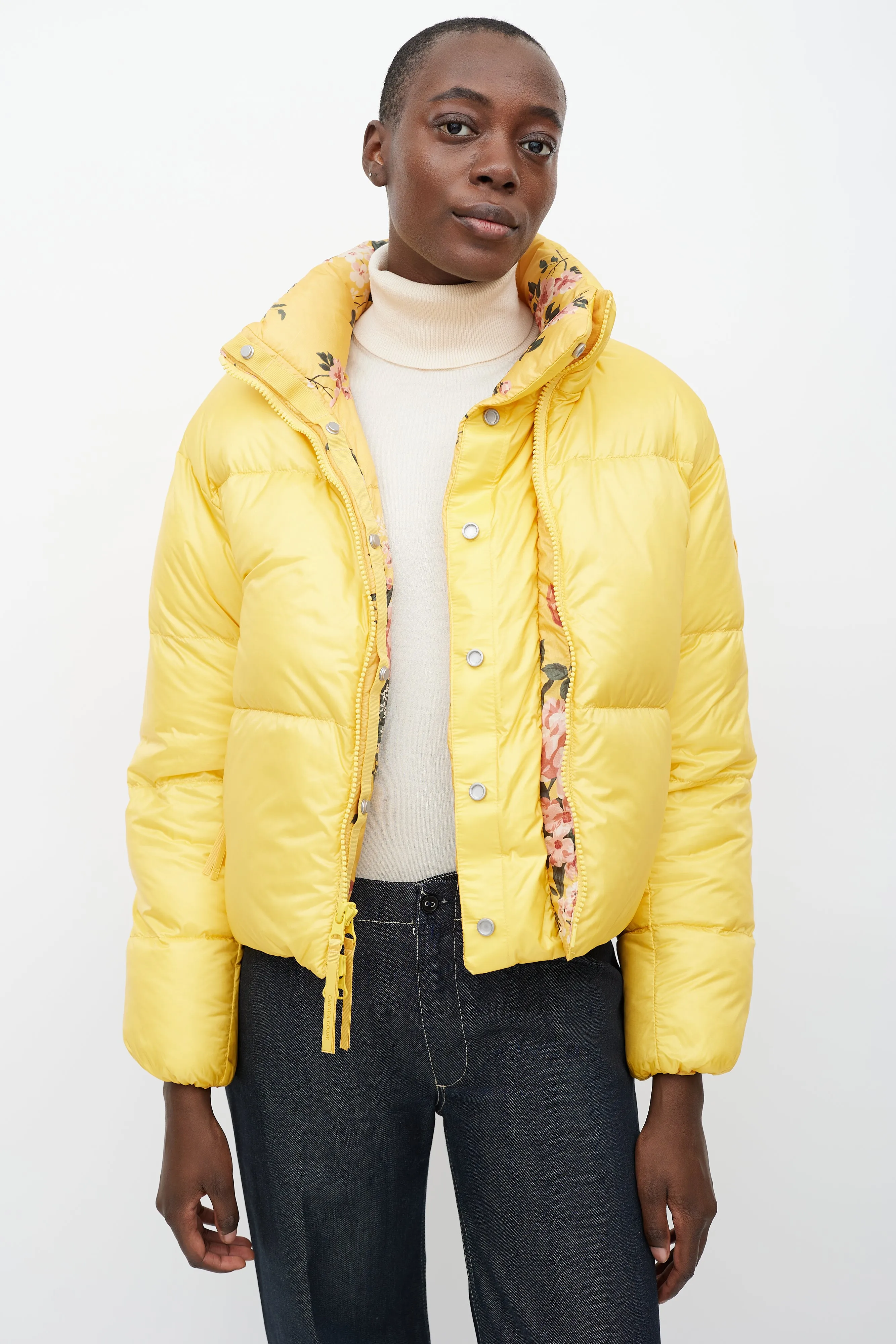 X Reformation Yellow & Multicolour Floral Reversible Down Jacket